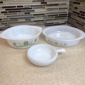 Vintage Glasbake Green Daisy Milk Glass Casserole Baking Dish Set of 3 USA Made